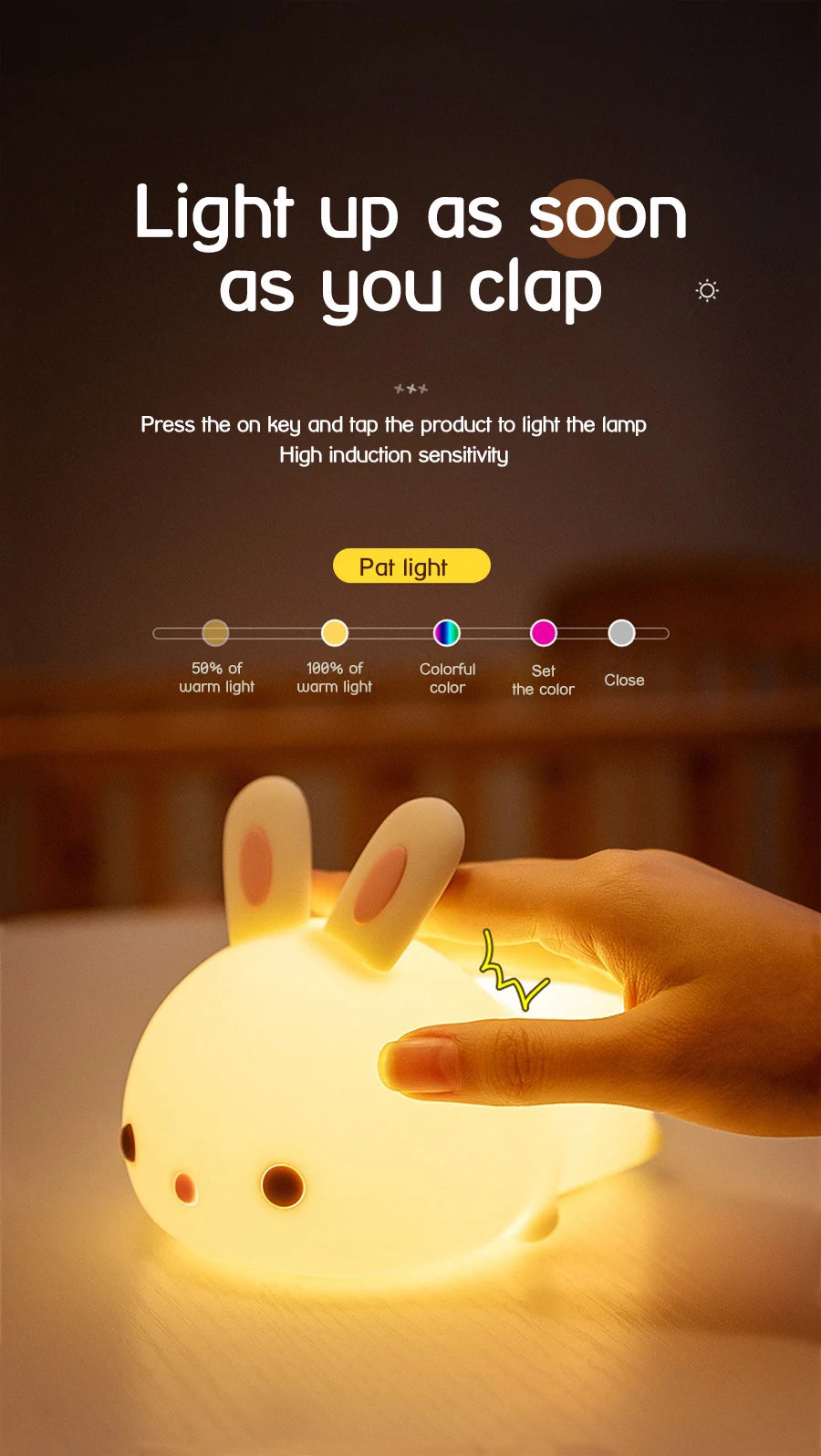 USB Rechargeable Touch Sensor RGB LED Rabbit Night Light