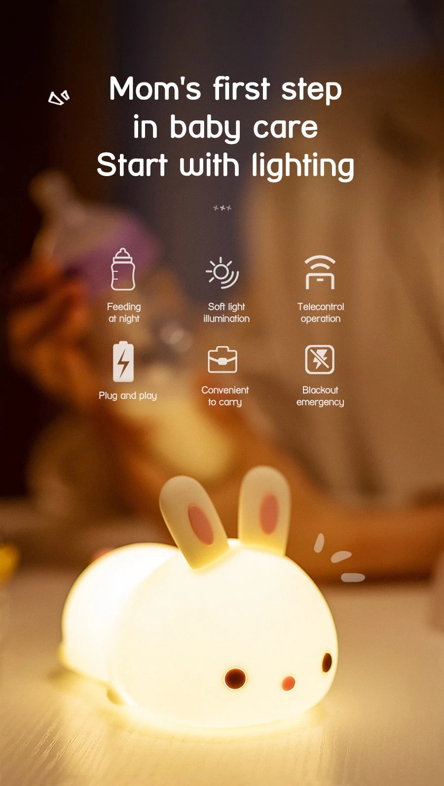 USB Rechargeable Touch Sensor RGB LED Rabbit Night Light